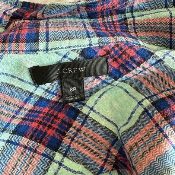 J Crew Textured Cotton Plaid Teal Blue Orange Button Down Shirt Top 6P - Picture 3 of 3